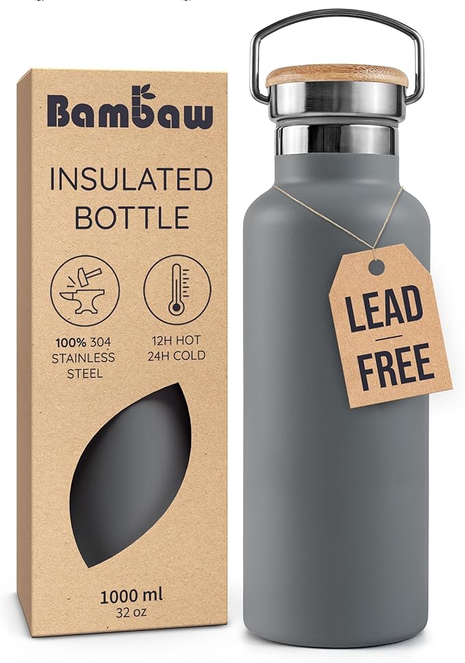Bambaw Stainless Steel Water Bottle, 32 oz Water Bottles Insulated, For Sport, Work and School, Keeps Drinks Cold 24h & Hot 12h, Easy to Carry & Great for Travel (Stormy Gray)
