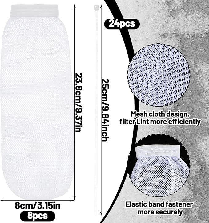 32Pcs Sturdy Lint Traps for Washing Machine Hose, Includes 8 Nylon Washer Hose Lint Trap Mesh and 24 Cable Ties, Washer Lints Catcher for Home Sink Drain System Hoses Screen Filter (White)