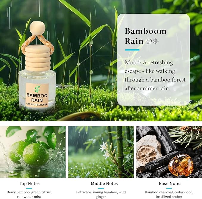 Car Air Freshener Oil Diffuser - Hanging Long Lasting Scent for Car & Home, Essential Oil Freshener with Adjustable Fragrance（Bamboo Rain+White Tea）