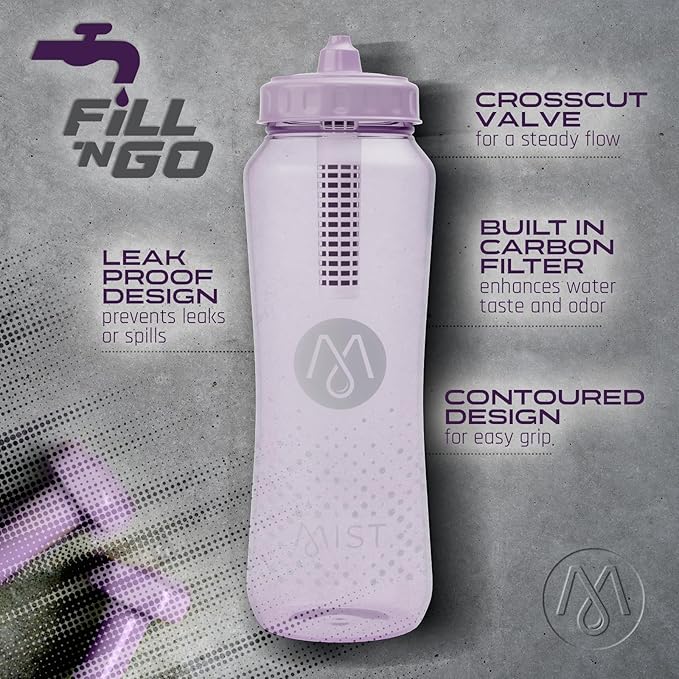 Mist Sports Squeeze Water Bottle with Built-In Filter for Pure Water, Lightweight and Easy Grip Squeeze Water Bottles Sports Quality, Leak Proof & BPA Free Athletic Water Bottle Squirt Top, Lavender