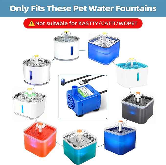 Cat Water Fountain Pump, Pet Water Fountain Pump Replacement Compatible Motor, DR-DC 160 Submersible Water Pump with LED Light for Round, Cubic, Flower Cap Cat Fountain