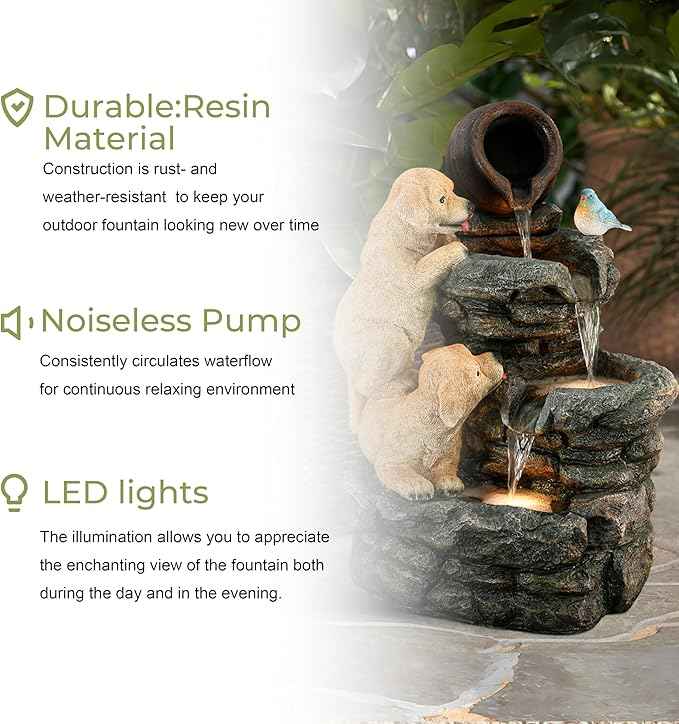 LuxenHome Outdoor Water Fountain, 26 Inch Puppy and Rock Resin Water Fountains Indoor with LED Lights, Farmhouse Waterfall Outdoor, Indoor Fountains and Waterfalls for Patio, Garden Decor