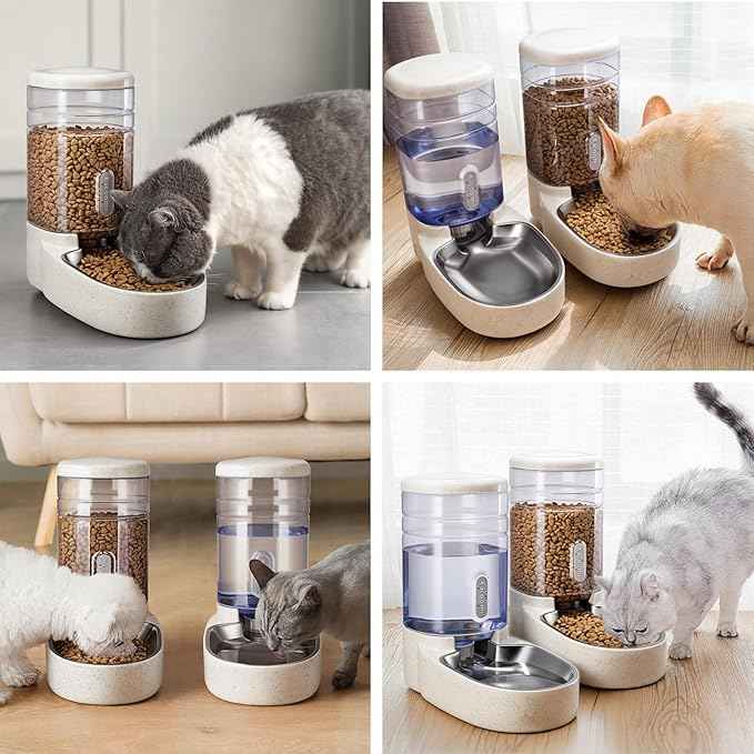 Automatic Cat Feeder and Water Dispenser with Stainless Steel Bowl Gravity Food Feeder and Waterer Set for Small Medium Dog Puppy Kitten 1 Gallon x 2(Beige)