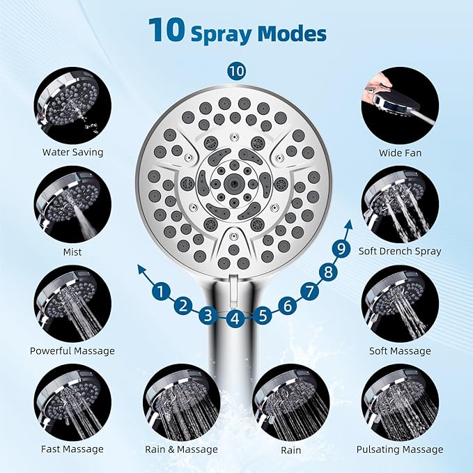 Hibbent All Metal Shower Head, 8'' High Pressure Rain Shower Head/Handheld Showerhead Combo with 16'' Adjustable Arc-shaped Extension Arm, 10 Sprays, 71'' Hose, Adhesive Showerhead Holder, Chrome
