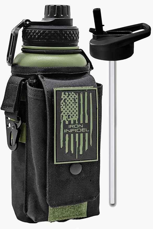 Iron Infidel Battle Bottle - 32 Oz Insulated Water Bottle with Straw Lid & Chug Cap, Stainless Steel Metal Flask Includes Rugged, Removable Sleeve for Keys, Wallet, & Phone (Widowmaker 1 Liter)