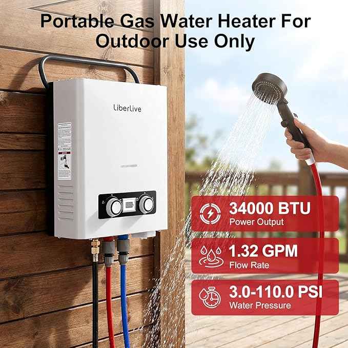 Propane Tankless Water Heater, 5L 1.32 GPM Outdoor Portable Gas Instant Hot Water Heater with Digital Display Overheating Protection, for Camping Barn Cabin RV White