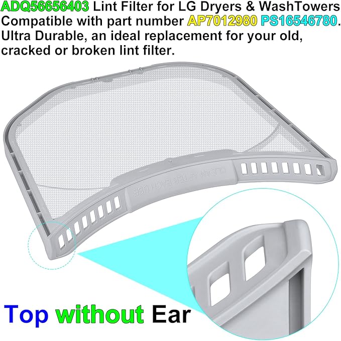 ADQ56656403 Lint Filter Replacement for LG Dryers and WashTowers, Ultra Durable Lint Screen Trap, Rim without Felt Seal, Filter Size 11.2 * 10.9 inch (28.4 * 27.6 cm) - AquaVibe
