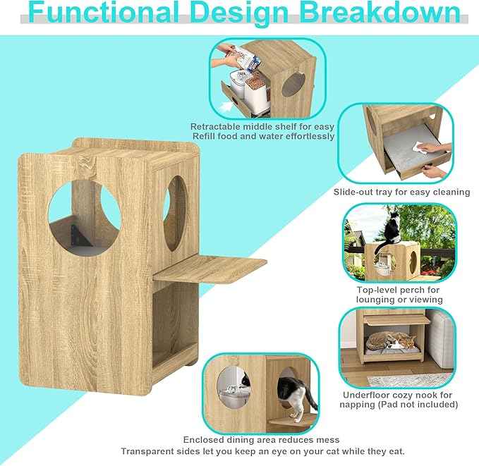 GDLF Cat Feeding Station for Water Fountain & Food, Elevated Cat Feeding Table with Spill-Proof Mat, Window Perch and Storage