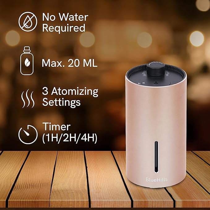 BlueHills Waterless Cordless Car Essential Oil Diffuser Aromatherapy Mini Compact Diffuser for Oils Large Room Portable USB Travel Battery Operated Rechargeable Hotel Home - J04 Rose Gold
