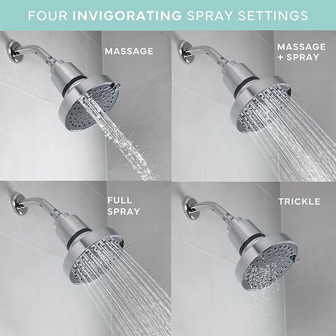 SEVENTY 4-Setting Filtered Shower Head with Shower Filter in Chrome – Helps Reduce Chlorine and Impurities for Healthier Hair, Skin and Scalp, Easy to Install (Model 12155)