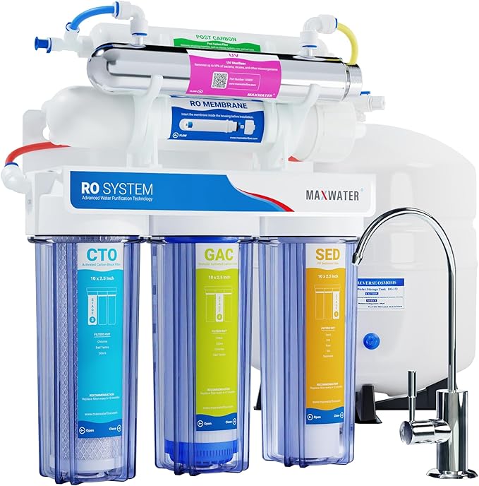 Max Water Home RO Water Purifier 6-Stage Under Sink Reverse Osmosis Water Filtration System with 50 GPD Capacity + Tank, UV Filter, and CP M Faucet