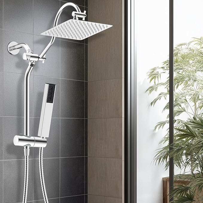 Hibbent cUPC Certified High Pressure 10'' Rainfall Shower Head, Showerhead Combo with 4-mode Handheld Spray, 12'' Adjustable Extension Arm, Extension Bar, Easy Reach Holder, 71'' Hose, Chrome