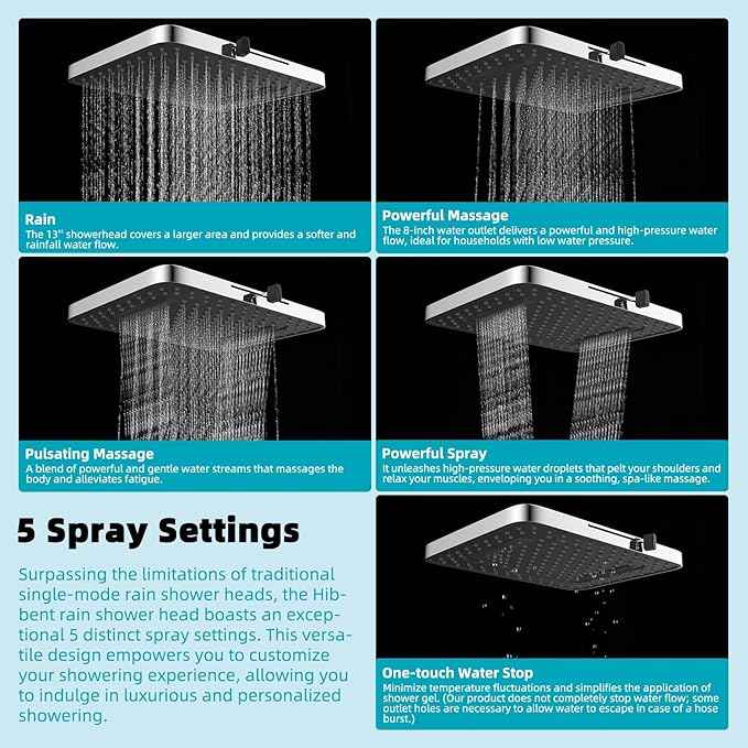 Hibbent cUPC Certified 5 Spray Modes Shower Head, 13'' High Pressure Large Rainfall Shower Head, High Flow Waterfall Bathroom Fixed Showerheads with Adjustable Swivel Ball Joint, Chrome