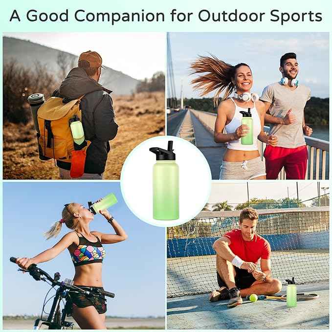 DOMICARE 32 oz Insulated Water Bottle, Vacuum Insulated Stainless Steel Sports Water Bottle with Straw Lid & Spout Lid, Leakproof, Reusable - Travel, Camping, Bike, Green Gradient