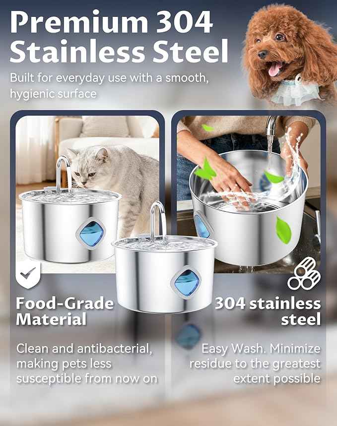 Dog Water Bowl - 3.2L Stainless Steel Dog Water Fountain, Multi-Filtration and Steady Water Circulation, Easy to Clean, Pet Water Fountain with Ultra-Quiet Pump for Dogs Cats (1Set, 10+10 Filter)