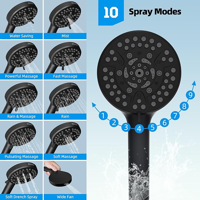 Hibbent All Metal Shower Head, 8'' High Pressure Rainfall Shower Head, Handheld Showerhead Combo with 12'' Adjustable Curved Extension Arm, 10-Spray, 71'' Hose, Adhesive Showerhead Holder, Matte Black