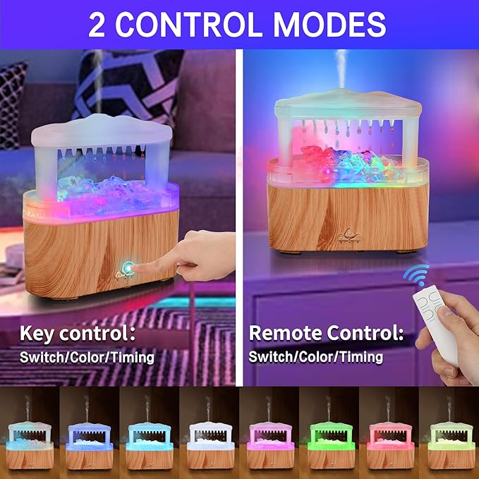 BOHOFAM Essential Oil Diffuser with Stone,Rain Cloud Humidifier, Simultaneously Water Drip and Air Mist,Aroma Diffusers has 8 Colorful and RBG Light Change for Home Bedroom