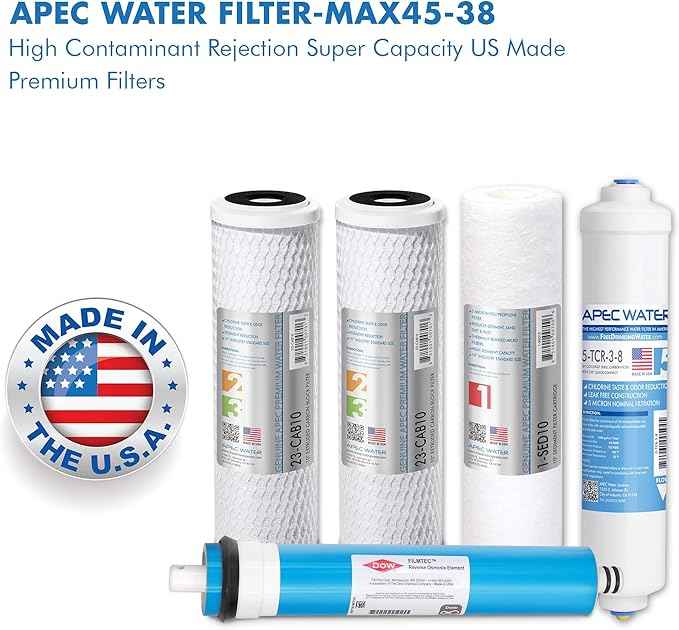 APEC FILTER-MAX45-38 US Made 50 GPD Complete Replacement Filter Set for Ultimate Series Reverse Osmosis Water Filter System with 3/8" Quick Dispense (for Upgraded 3/8" Output System)