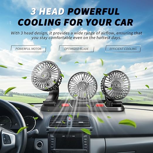 Portable 3-Head Car Cooling Fan - 2-Speed Adjustable, 360° Rotating USB Fan Powerful Airflow for Vehicles, RVs, and SUVs