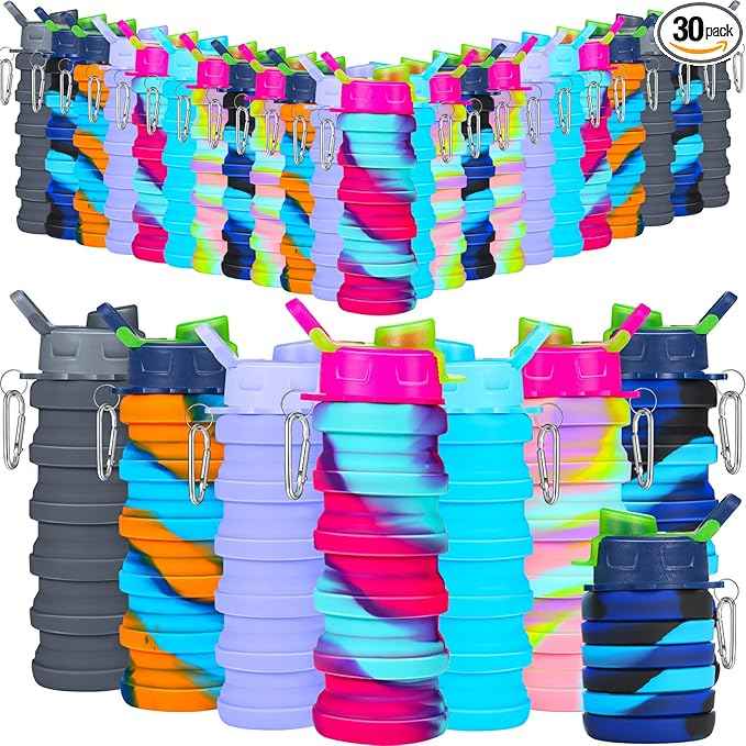 Sunnyray Collapsible Water Bottles Bulk Foldable Water Bottles 17oz Silicone Portable Leak Proof Reusable Sports with Clip for Travel Hiking Camping Outdoor(Camouflage,30 Pack)