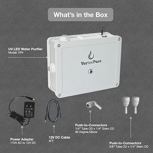 VP4 UV-C LED Ultraviolet Water Filter Purifier, Reduce up to 99.99% of Contaminants at Flow Rate 1.0GPM, Smart On/Off Switch, 12V DC for RV Boats Off-Grid Livings, Mercury Free