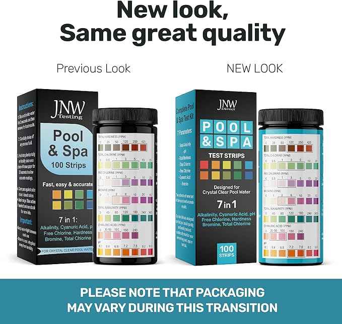 JNW 7-in-1 Pool Test Strips, 100 Quick & Accurate Test Strips for Pool Water, Spa Test Strips for Hot Tub, Chlorine Test Strips, Bromine, pH, Alkalinity, Hardness & More - Swimming Pool Test Kit
