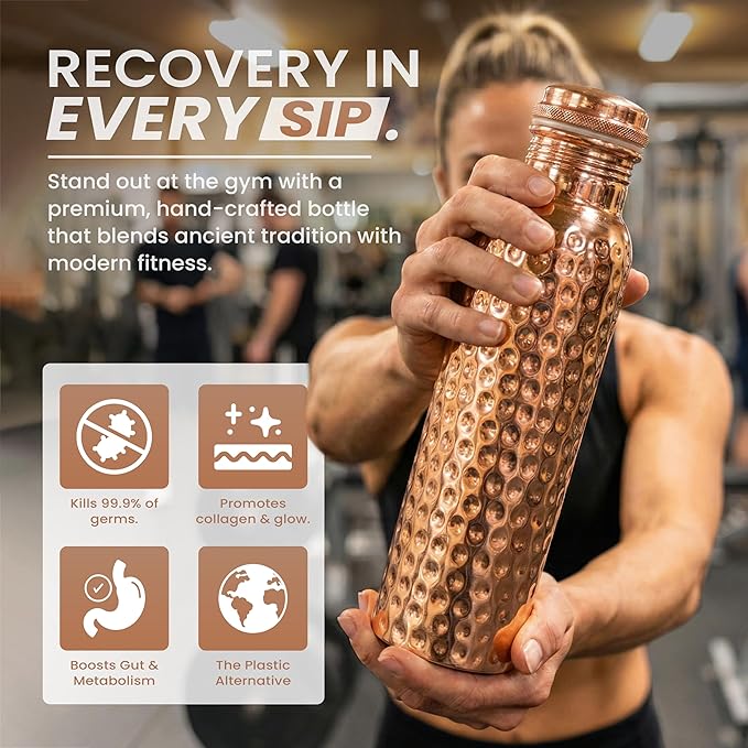 THE ART BOX Pure Copper Water Bottle 34 oz (1000 ml) – Lab Tested, Leak-Proof Ayurvedic Copper Bottle for Drinking Water, BPA-Free, Eco-Friendly, Handcrafted for Daily Hydration & Wellness