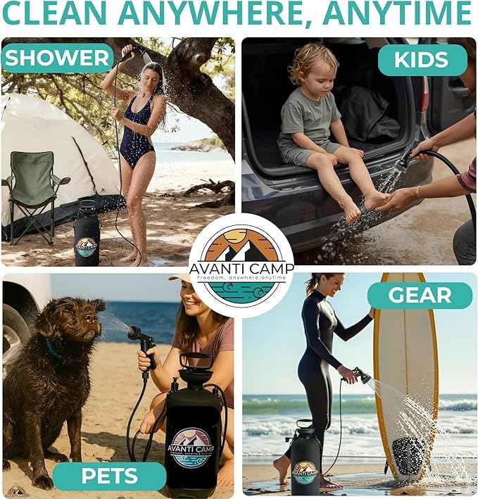 Pressurized Camping Shower (8L/2.1 Gal) – Portable Beach Shower for Surfing, Camping & Van Life – Outdoor Rinse Kit with Hand Pump & 10 Spray Modes – Portable Water Sprayer Pets & Gear | AVANTI CAMP