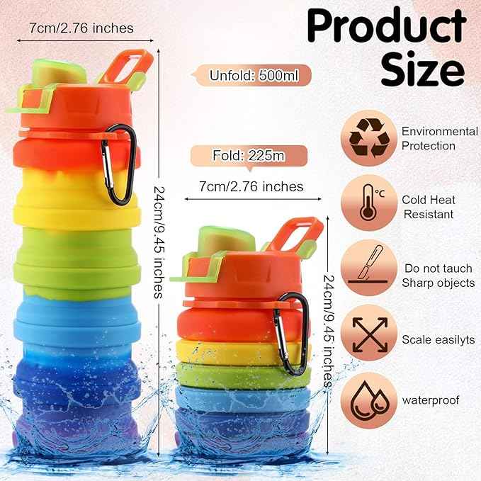 Sunnyray Collapsible Water Bottles Bulk Foldable Water Bottles 17oz Silicone Portable Leak Proof Reusable Sports with Clip for Travel Hiking Camping Outdoor(Colorful,20 Pack)