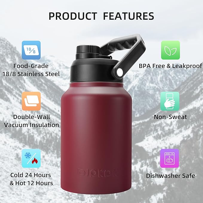 BJPKPK 64 oz Insulated Water Bottle, Dishwasher Safe Half Gallon Water Bottle with Ergonomic Handle, BPA Free Leak Proof Water Jug for Sports, Metal Jug with Anti-slip Bottom, Brick Red