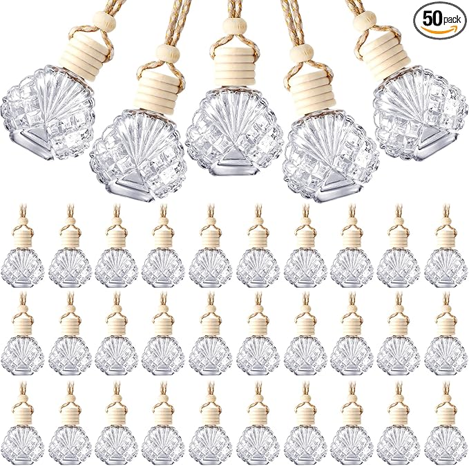 BBTO 50 Pcs Hanging Car Air Freshener Car Diffuser Bottles Empty Glass Perfume Bottle Freshener Diffuser Bottle Pendant for Essential Oil Fragrance Aromatherapy Bottle Ornament(Shell)