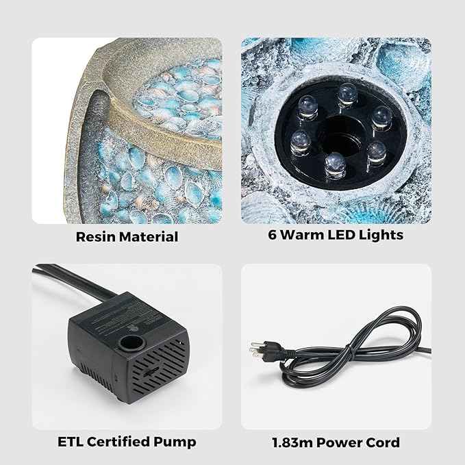 Kingsyard 13" Outdoor Water Fountain, Electric Resin Garden Waterfall with LED Lights, Quiet Outside Feature for Patio Porch Yard with Blue Seashell Decor