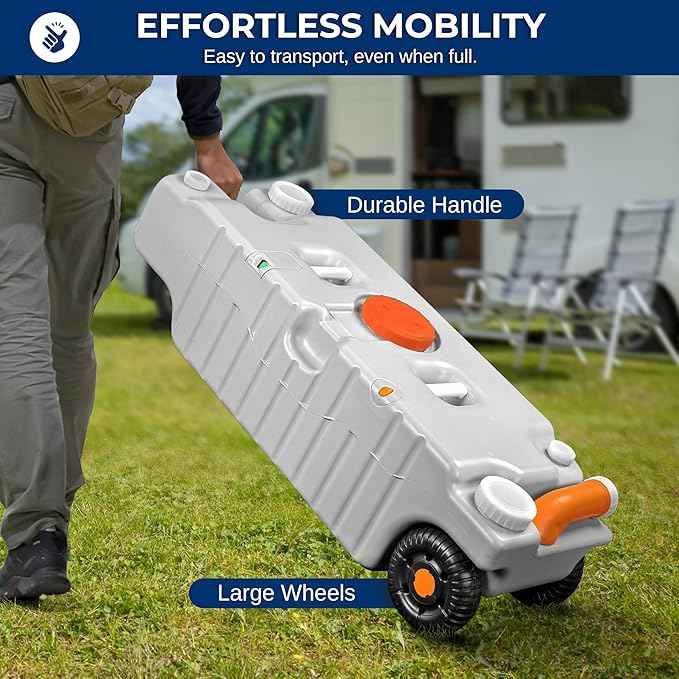 SereneLife 19.8 Gallon / 75L RV Water Tank – Camper Accessories Portable Container with Level Indicator, Rotating Spout, Metal Handle & Heavy-Duty Wheels, Suitable for Freshwater or Sewage Storage
