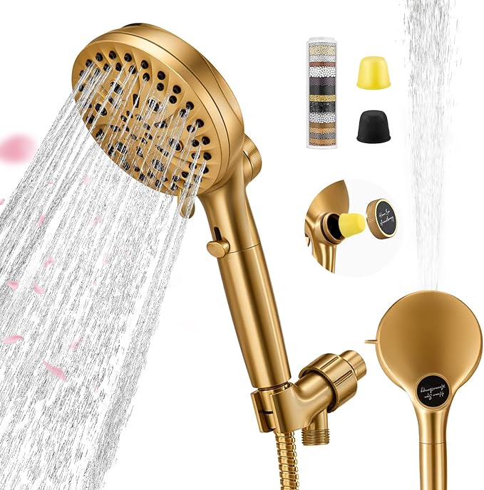 Filtered Shower Head with Handheld, High Pressure 10 Spray Mode Showerhead, Water Softener Filters Beads for Hard Water - Remove Impurity, with brackets and hoses, Gold