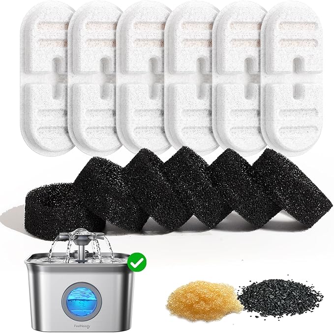 6 Pack New Version Replacement Filters + 6 Pump Sponges for Feelneedy Stainless Steel Cat Water Fountain [FN-W22] - 99oz/2.8L Pet Water Fountain Filters