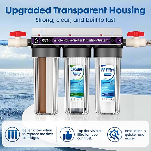 Whole House Water Filter System, 3-Stage Whole Home Water Softener System Highly Reduces Taste,Iron,Scale,Lead,Chlorine, with Heavy Metal and Anti-Scale Filter,3/4" Ports, Extra 1 Year Filter