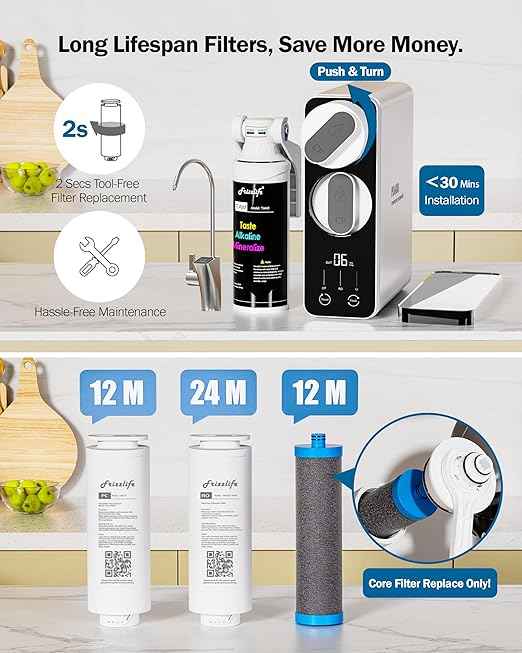 Frizzlife Reverse Osmosis Water Filter - Alkaline Mineral pH+, NSF/ASNI 58&53&42&372 Standard, 600GPD Tankless RO Reverse Osmosis System, Under Sink, 2:1 Pure to Drain, Smart LED Faucet, PD600-N
