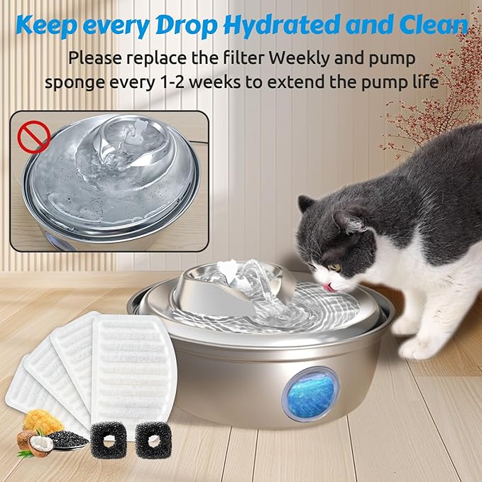 ORSDA Cat Water Fountain Filters, ONLY for D36/D66 Cat Fountain with Water Level Window (4 Filters Replacement +2 Pump Sponges)