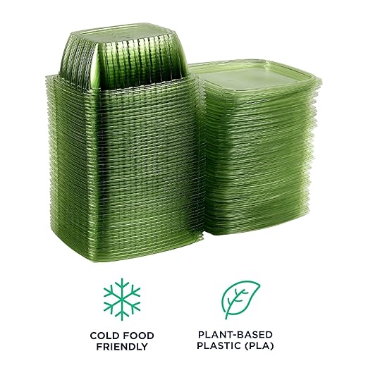 ECO PRODUCTS Compostable 32oz Rectangular Deli Containers With Lids, Case of 200, Veridian Clear Green Meal Prep, Made from PLA, A Renewable Material Made from Plants, One Lid Fits All