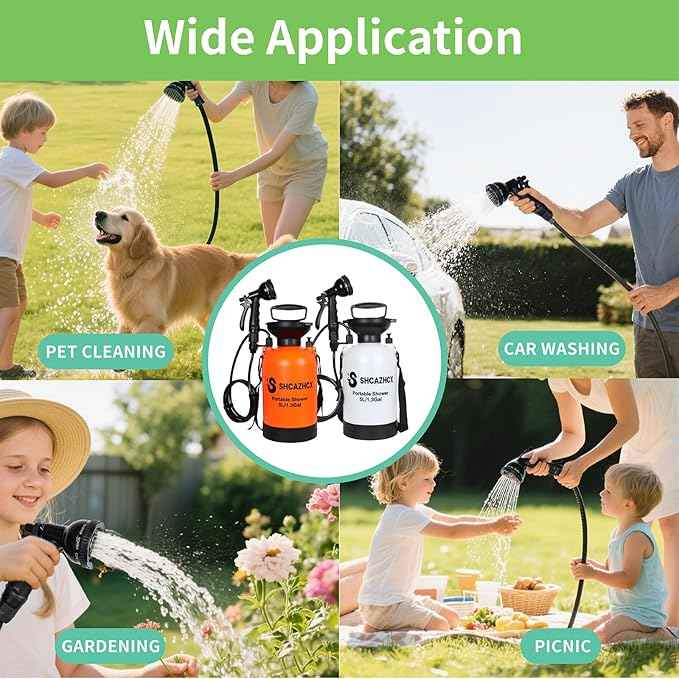 1.3 Gallon/5L Portable Outdoor Shower, 10 Spray Modes, No Power Needed, Insulated Sleeve Keeps Water Warm, Multi-Use Sprayer for Camping, Beach & Surfing, Fishing, Hiking, Road Trips, Orange