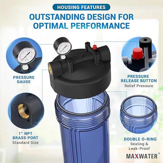 20 x 4.5 Whole House 1 Stage PP Pleated Sediment Filter System w/ 1" NPTF Port Housing Head Includes 10 Micron Pleated Sediment filter, Gauge & Bracket BB-20B WH100SP WDS150K CB1-CAB20-BB DB20P