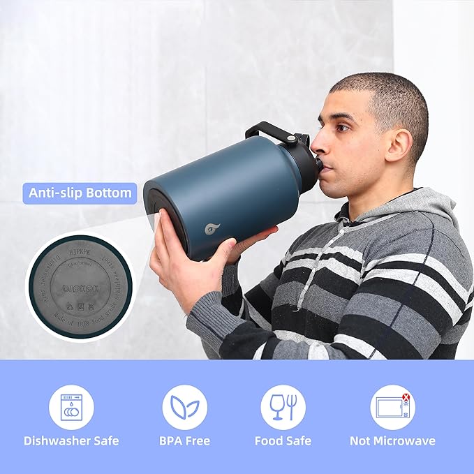 BJPKPK 64 oz Insulated Water Bottle, Dishwasher Safe Half Gallon Water Bottle with Ergonomic Handle, BPA Free Leak Proof Water Jug for Sports, Metal Jug with Anti-slip Bottom, Grey