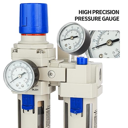BLCH 3/8" NPT Air Compressor Water Separator - Air Pressure Regulator Compressed Air Filter Regulator Lubricator Combo AC3010-03 Semi-auto Drain Poly Bowl Gauge 0-160 PSI 5μm Brass - AquaVibe