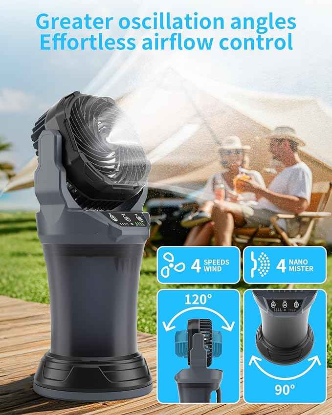 AVV Portable Misting Fan with RGB Ambient Light- 2L Water Tank, 4 Speeds & Spray Mist Fan, 30000mAh Rechargeable Misting Fans for Outdoor/Indoor Fans for Camping, Patio, Garden, Grey-Black