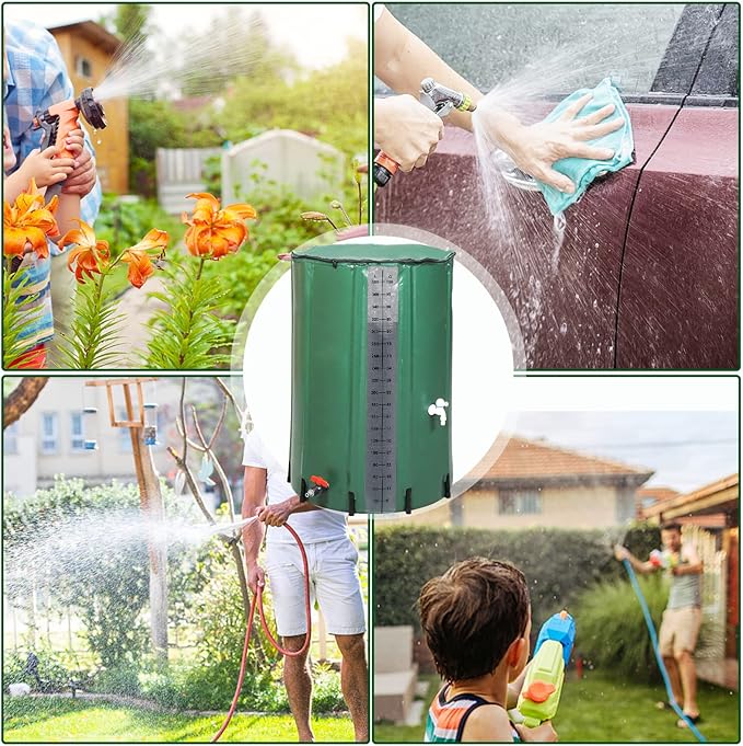 Outvita 100 Gallon Collapsible Rain Barrel with Volume Mark, Rainwater Collection System, Portable Foldable Garden Water Storage Tank, Water Container with Filter Overflow Kit Faucet Green