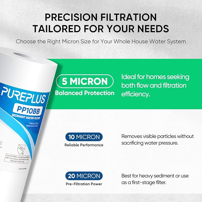 PUREPLUS 5 Micron 10" x 4.5" Whole House Sediment Home Water Filter Replacement Cartridge for Culligan RFC-BBSA, HD-950, WFHD13001B, W15-PR, GXWH30C, GXWH35F, Aqua-Pure AP817, PP10BB, 3PACK