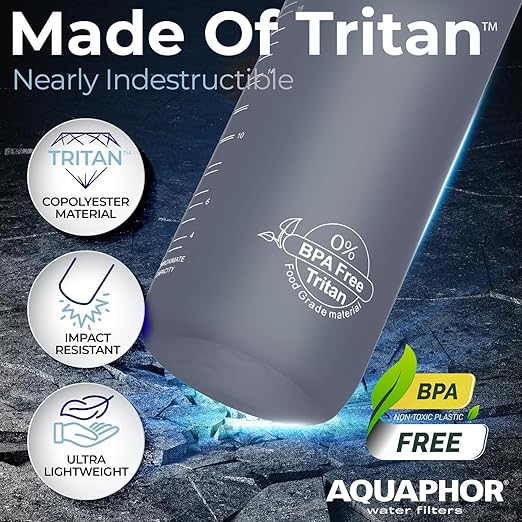 Nakii Filtered Water Bottle, Leakproof, BPA-Free, Motivational Markings, Travel, Everyday Use. 40-Gallon Filter, Replaces 300 Plastic Water Bottles. Includes 1 Filter, 34 FL Oz, Grey by Aquaphor