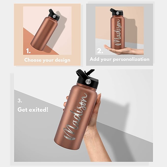 Amazing Items Personalized Water Bottle w/Straw & Lid, 18 oz - Teal | Custom Stainless Steel Sports Water Bottle w/Name and Text - Double-Wall, Vacuum Insulated - Rotating Handle