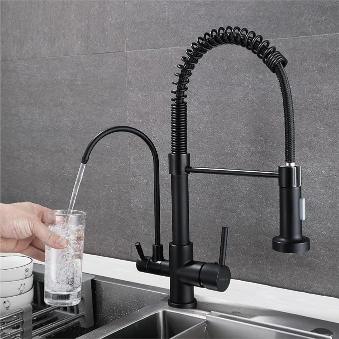 HUAHUALALA 3 in 1 Kitchen Sink Faucet 2 Handle with Spring Sprayer, Kitchen Faucet with Filter, Brass Drinking Water Faucets Reverse Osmosis Matte Black