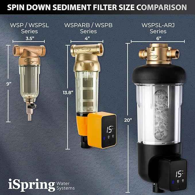 iSpring WSP100SL-ARJ, NSF Certified, Whole House Spin Down Sediment Water Filter Includes Siliphos Helps Prevent Scale and Corrosion, Clear Housing, Upgraded Jumbo Size With Touch-Screen Auto Flushing